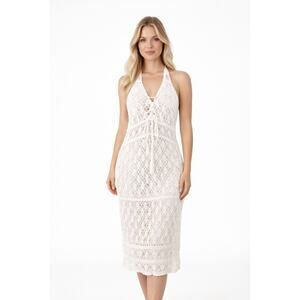 Anna Kosturova Crochet Midi Dress Size S White Halter Beach Boho Handmade